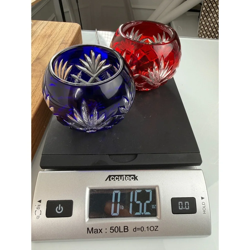 Faberge Crystal Votive Candle Holders Ruby Red Cobalt Blue Cut Clear Signed Pair